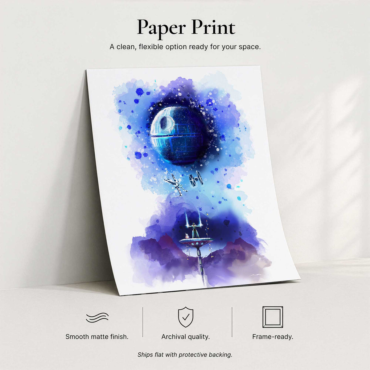 Watercolor Death Star Star Wars paper art print with smooth matte finish and archival frame-ready presentation