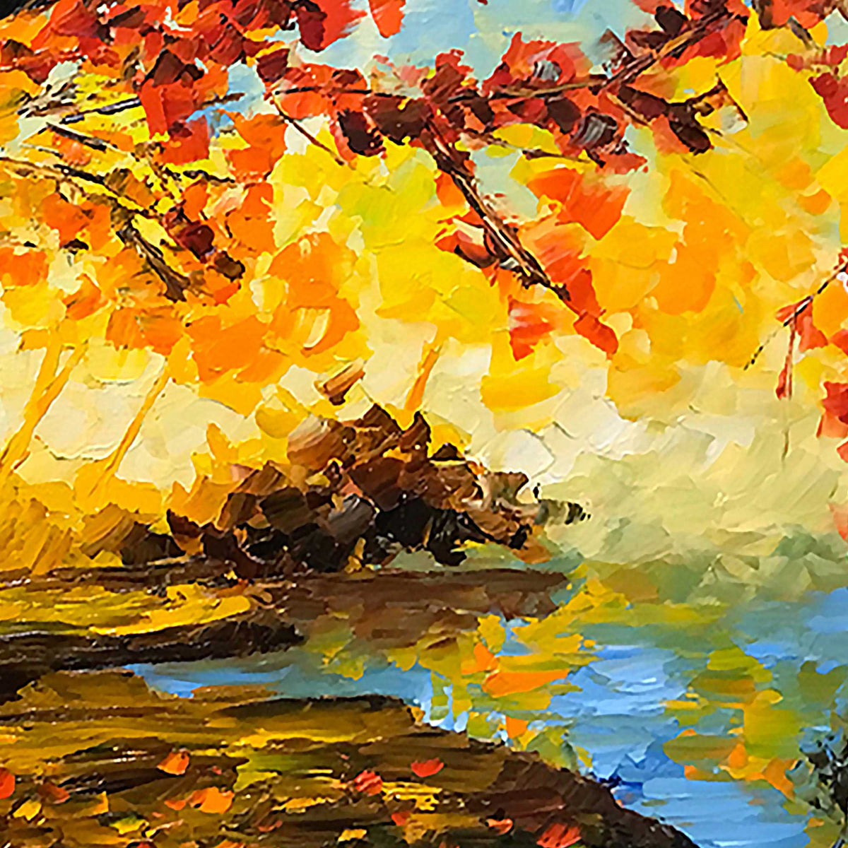 Closeup of textured palette knife leaves and sky from Elysium autumn landscape.