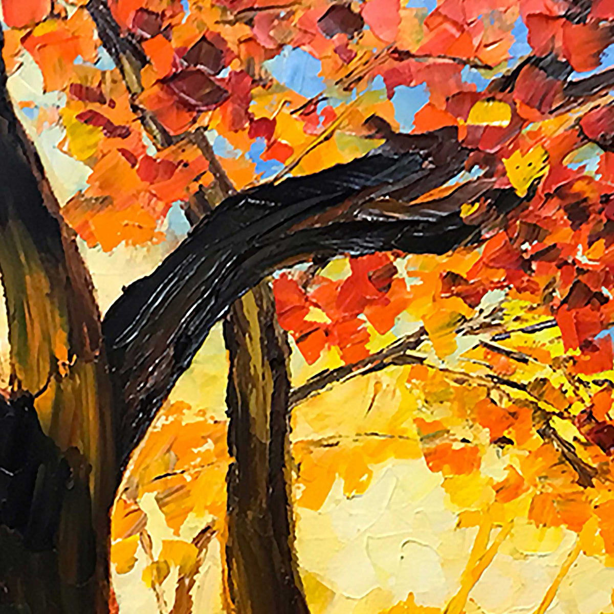 Closeup of bold fall colors and textured branches from the Elysium painting.