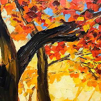 Closeup of bold fall colors and textured branches from the Elysium painting.