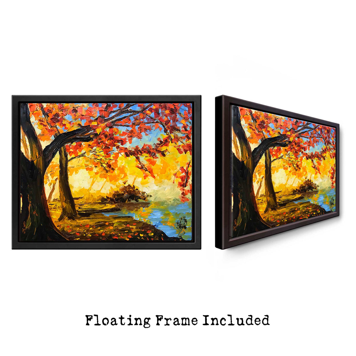 Angled view of Elysium autumn oil painting in black floating metal frame.
