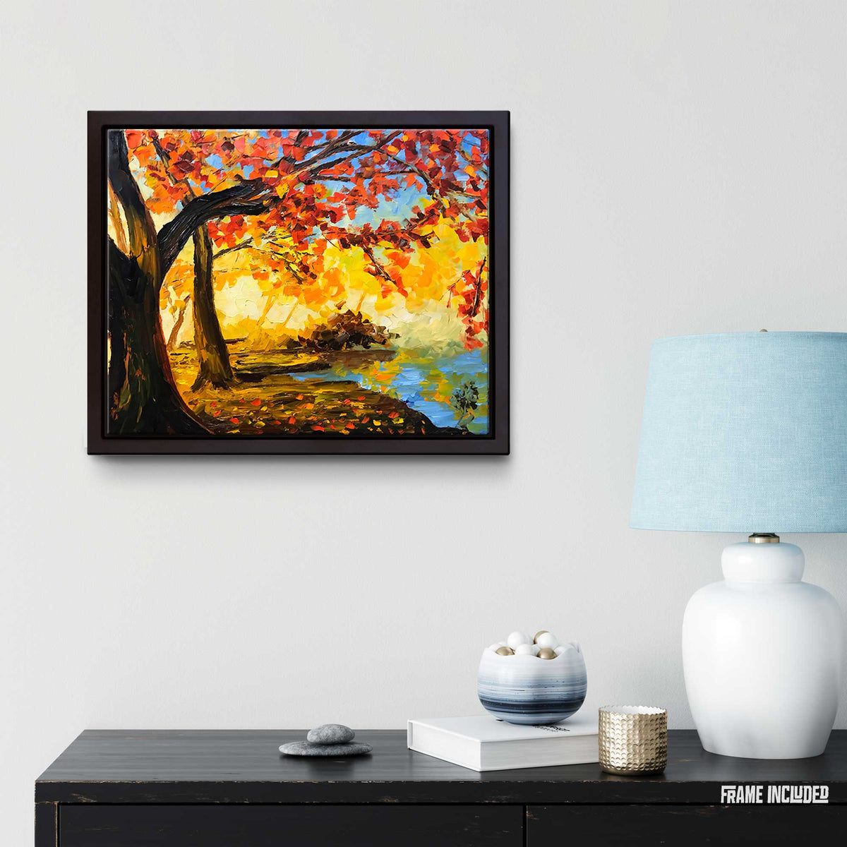 Elysium fall forest painting styled in a cozy room with modern lamp and decor.