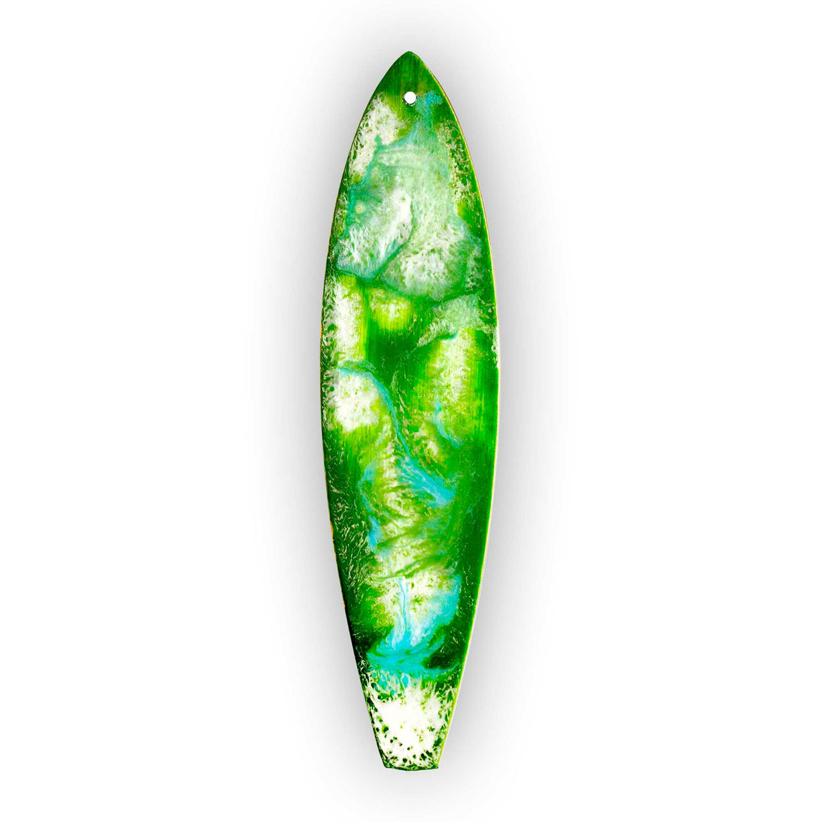hand painted Emerald Sea surfboard christmas ornament with green and pearl resin