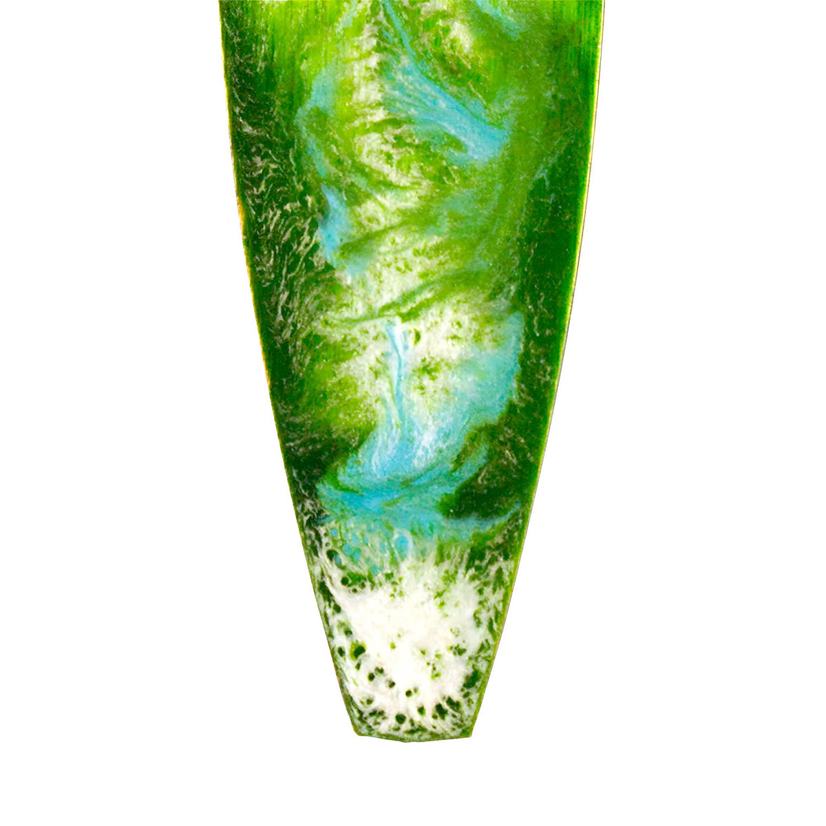 Surfboard xmas ornament with green and white swirling waves of artists resin on a finished wood surfboard ornament