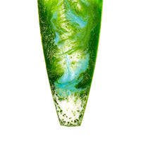 Surfboard xmas ornament with green and white swirling waves of artists resin on a finished wood surfboard ornament
