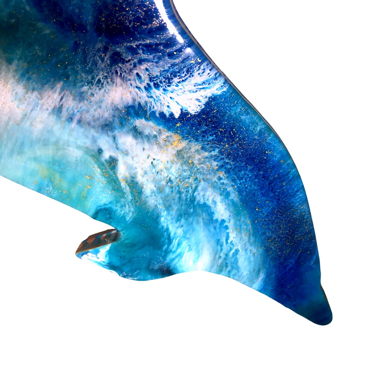 Closeup of ocean resin dolphin wall art with blue and gold wave details