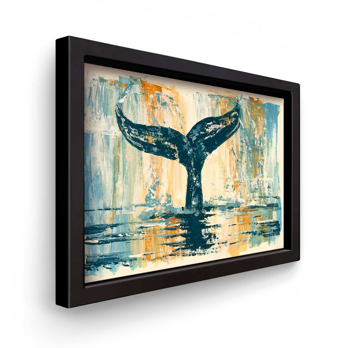 side view of floating frame whale tail painting