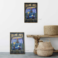 Follow the Path art print size comparison showing 11 by 17 paper and 12 by 18 metal formats