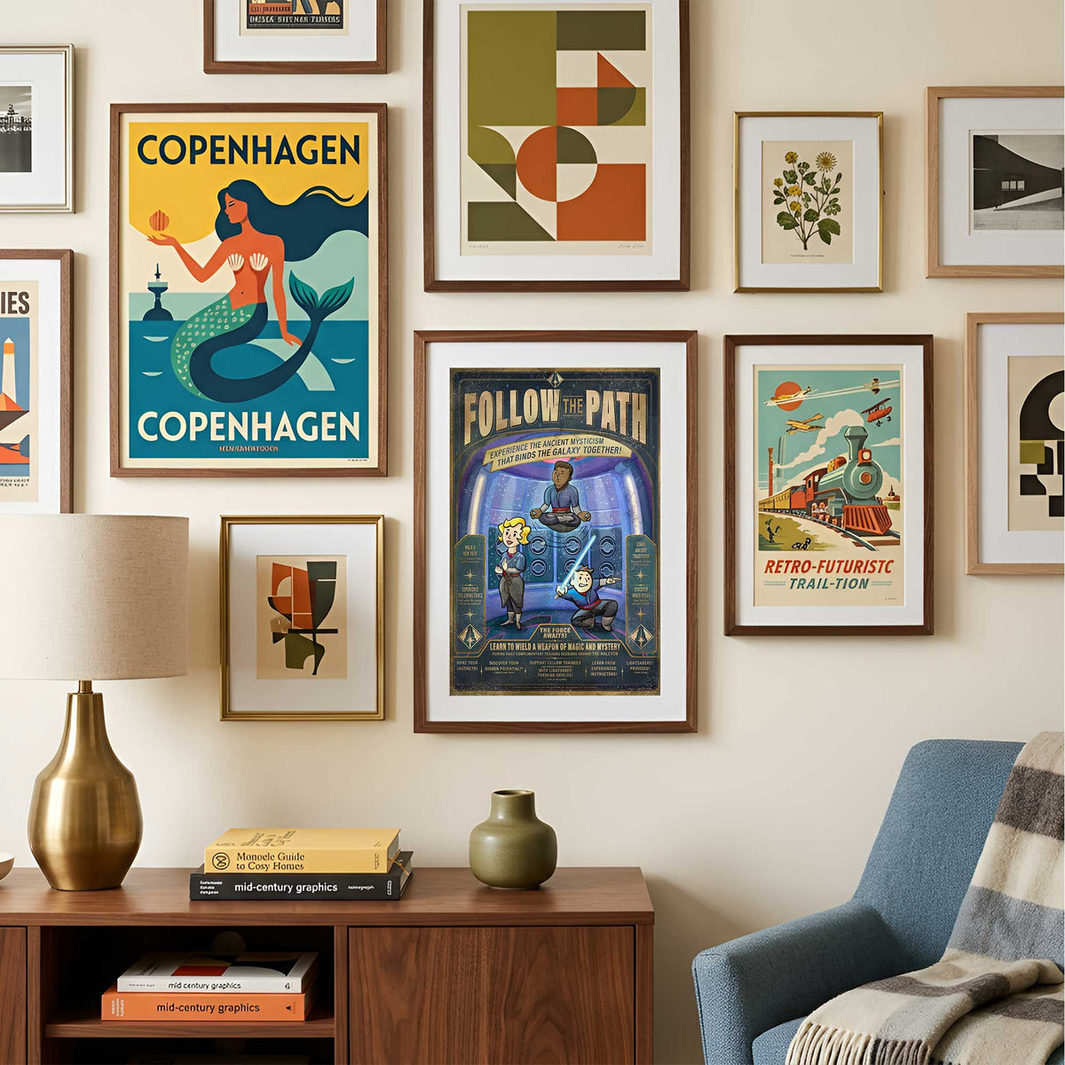 Follow the Path - a Saja-focused Galactic Starcruiser art print displayed in a retro futurist gallery wall