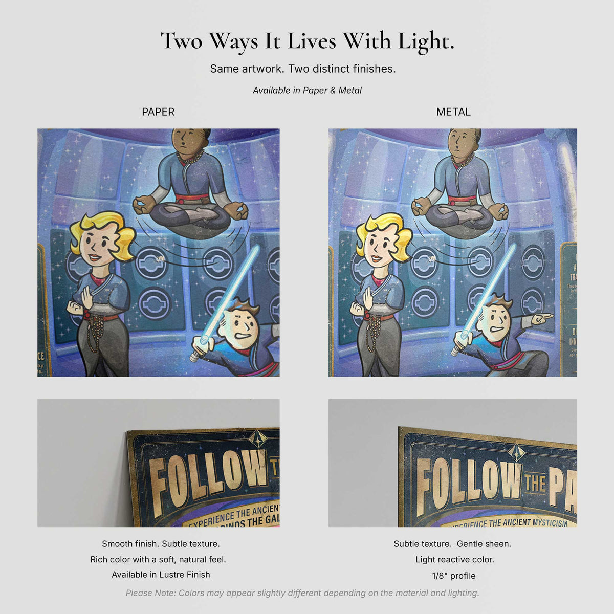 Close-up comparison of Follow the Path paper and metal print surfaces and texture