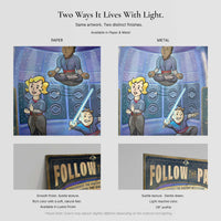 Close-up comparison of Follow the Path paper and metal print surfaces and texture