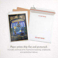 Follow the Path paper art print packaged flat with foamcore backing, chipboard and protective sleeve