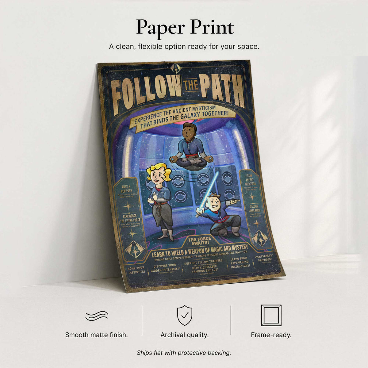Follow the Path 11 by 17 archival paper print featuring the Halcyon Saja and lightsaber training