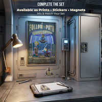 Follow the Path - Vault Boy / Starcruiser print with matching Saja sticker and magnet in a sci-fi workshop display