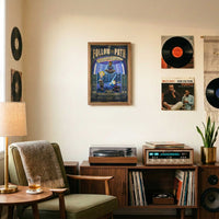 Follow the Path Halcyon art print displayed in a mid-century record listening room