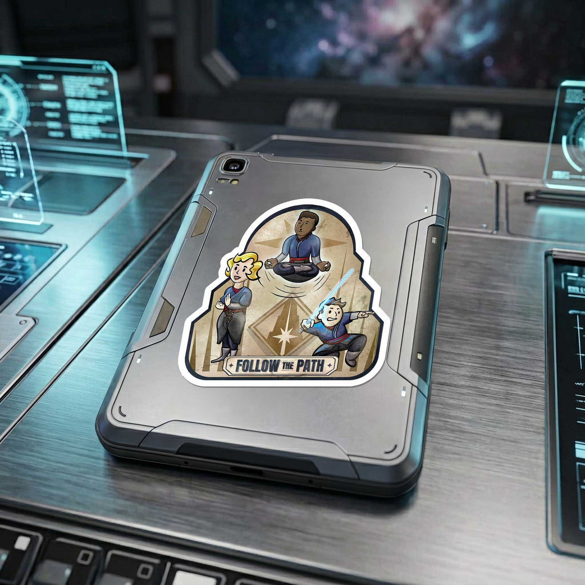 Follow the Path Saja sticker displayed on a sci fi datapad style device