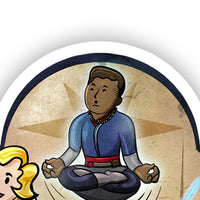 Close detail of the Follow the Path Saja sticker showing character artwork and printed texture