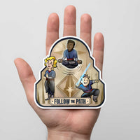 Hand holding the Follow the Path Saja sticker to demonstrate its scale
