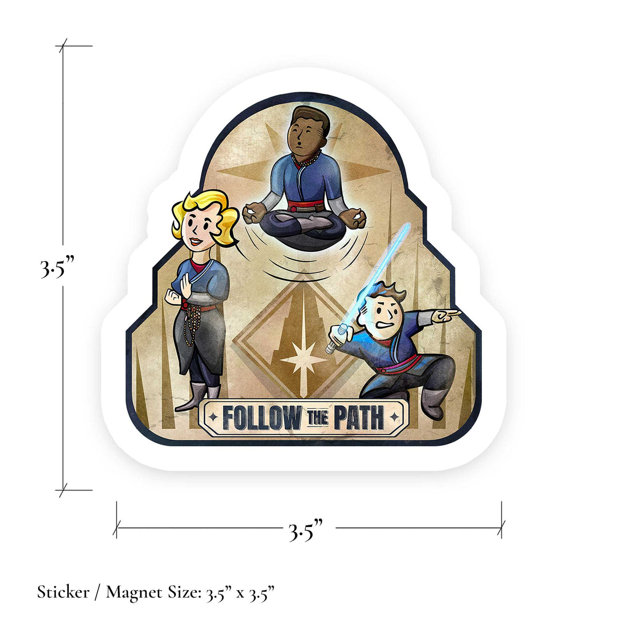 Dimension graphic showing the size of the Follow the Path Saja sticker and magnet