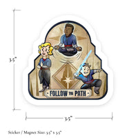 Dimension graphic showing the size of the Follow the Path Saja sticker and magnet