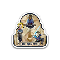 Follow the Path Saja die-cut collectible available as a Halcyon-inspired sticker or magnet