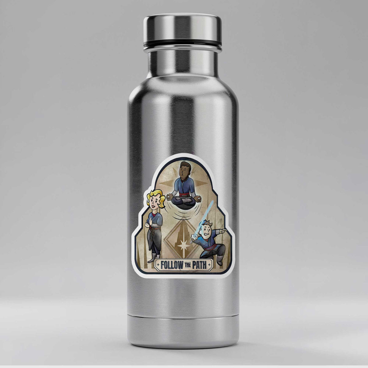 Follow the Path Saja sticker displayed on a metal water bottle