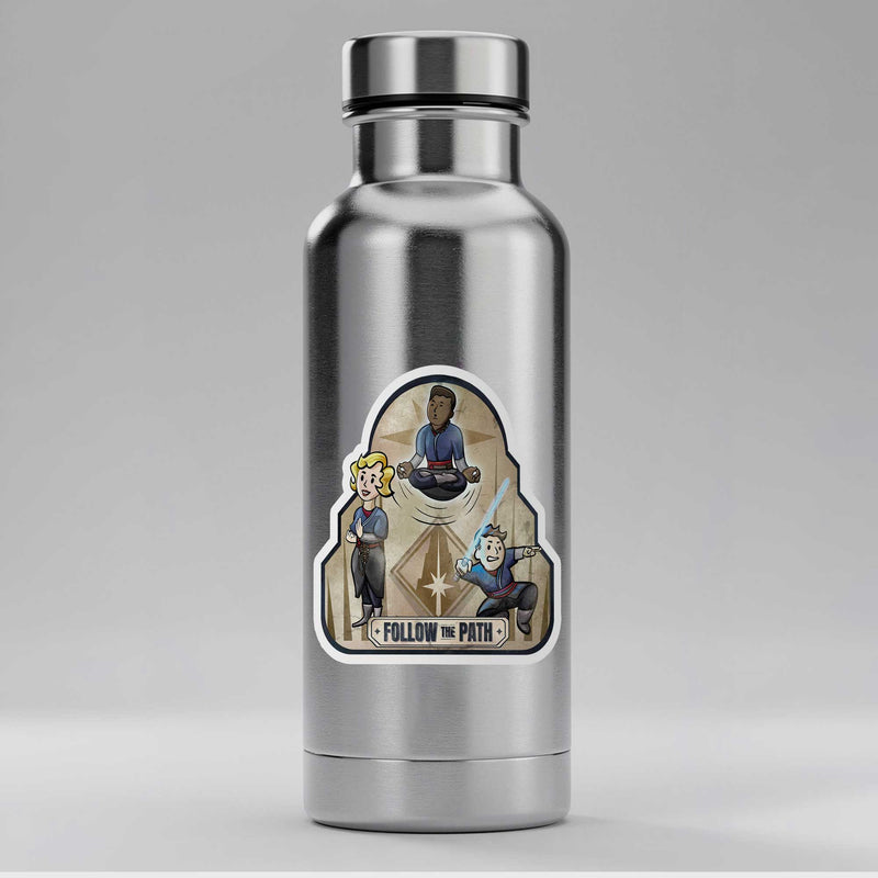 Follow the Path Saja sticker displayed on a metal water bottle