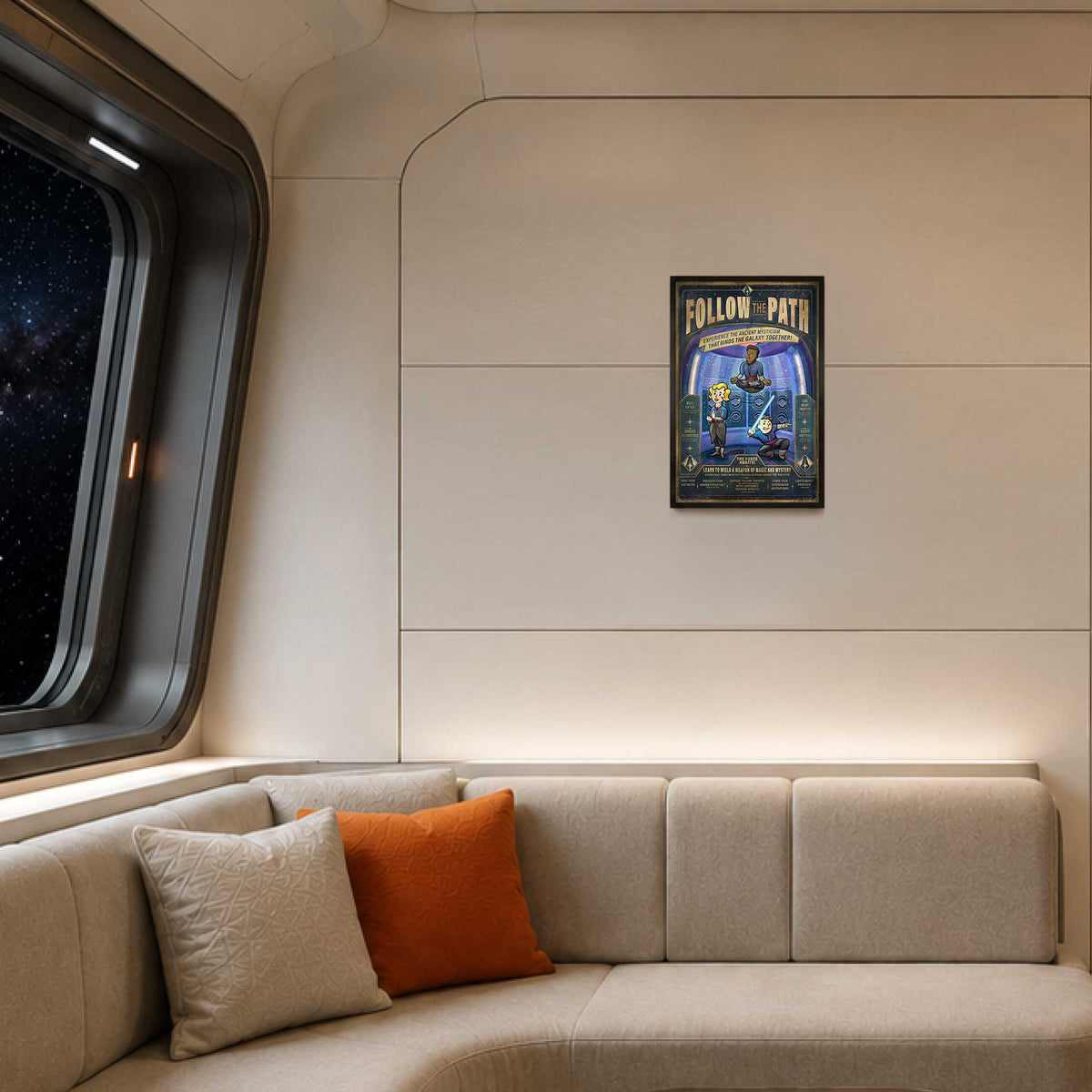 Follow the Path Saja lightsaber training art print displayed inside a Halcyon-inspired starcruiser cabin