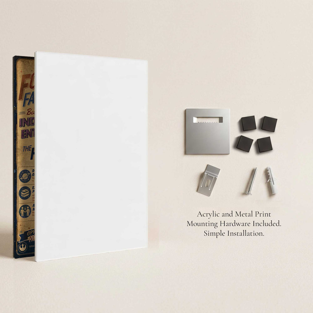 Mounting hardware included with Vault Boy Raithe Kole acrylic and metal prints.