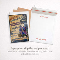 Protective packaging used for shipping Vault Boy Raithe Kole archival paper prints.