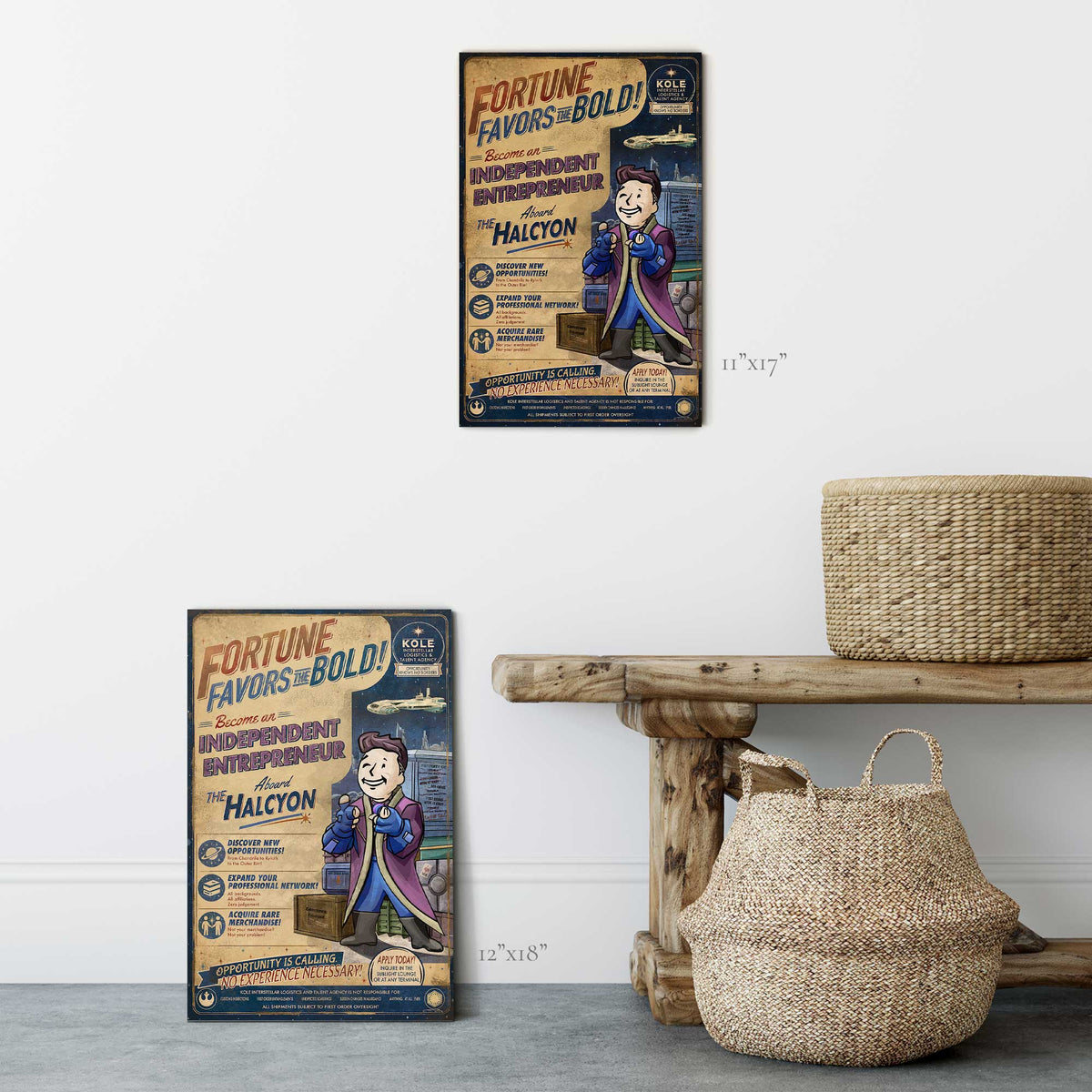 Size comparison showing Vault Boy Raithe Kole artwork in 11×17 and 12×18 print sizes.