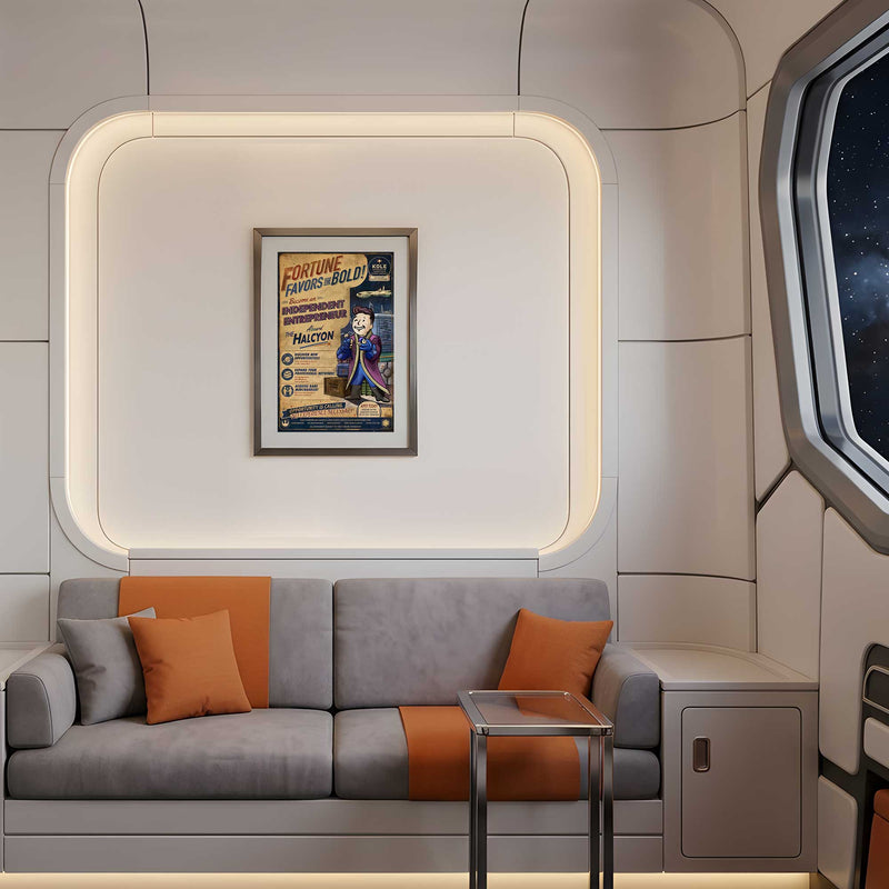 Vault Boy Raithe "Fortune Favors the Bold!" 11x17 framed print displayed inside a Chandrila Star Line inspired luxury starcruiser cabin with modern seating and panoramic space views.