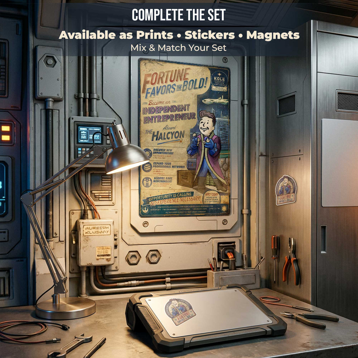 Fortune Favors the Bold Vault Boy Starcruiser print with matching Raithe sticker and magnet in a sci-fi workshop display