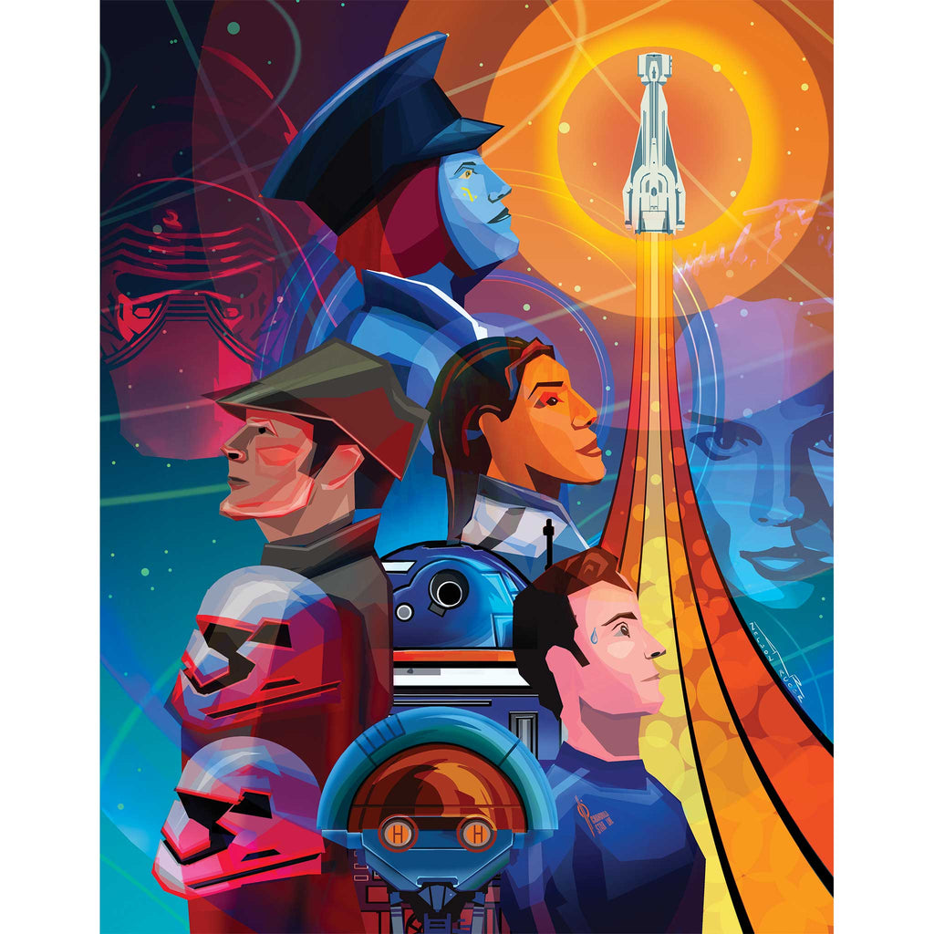 Artwork of the characters featured aboard the Star Wars Galactic Starcruiser including Rey, Kylo Ren, Captain Keevan, Lenka Mok, Sammie, SK-620, D3-09, Lt. Croy, and a pair of Stormtroopers.