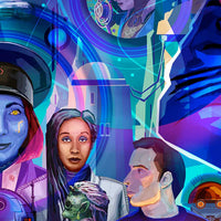 Detail of Halcyon characters including droid and crew in colorful ensemble Star Wars Starcruiser artwork