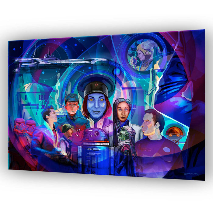 The Galaxy’s Finest Halcyon ensemble art print featuring full Starcruiser cast and Batuu backdrop