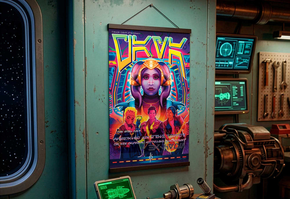 An 11x17 print of "Gaya: Neon Hyperdrive" featuring Gaya, Raithe Kole, Ouanni, and Sandro from the Galactic Starcruiser in a spaceship engine room setting