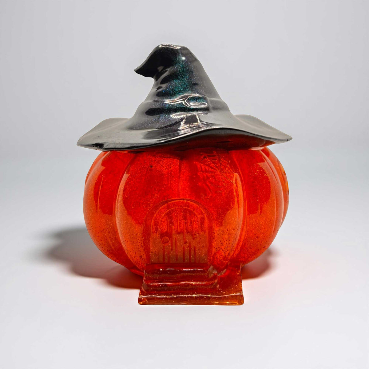 Gold glass pumpkin jar with witch hat Halloween decor