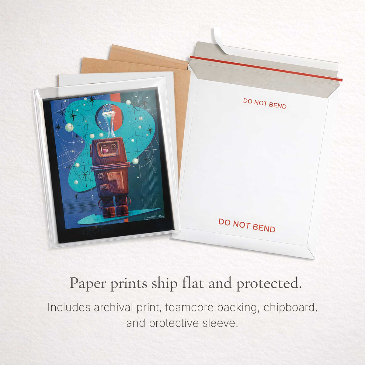 gonk droid art print packaged flat with protective sleeve foamcore backing and rigid mailer for safe delivery