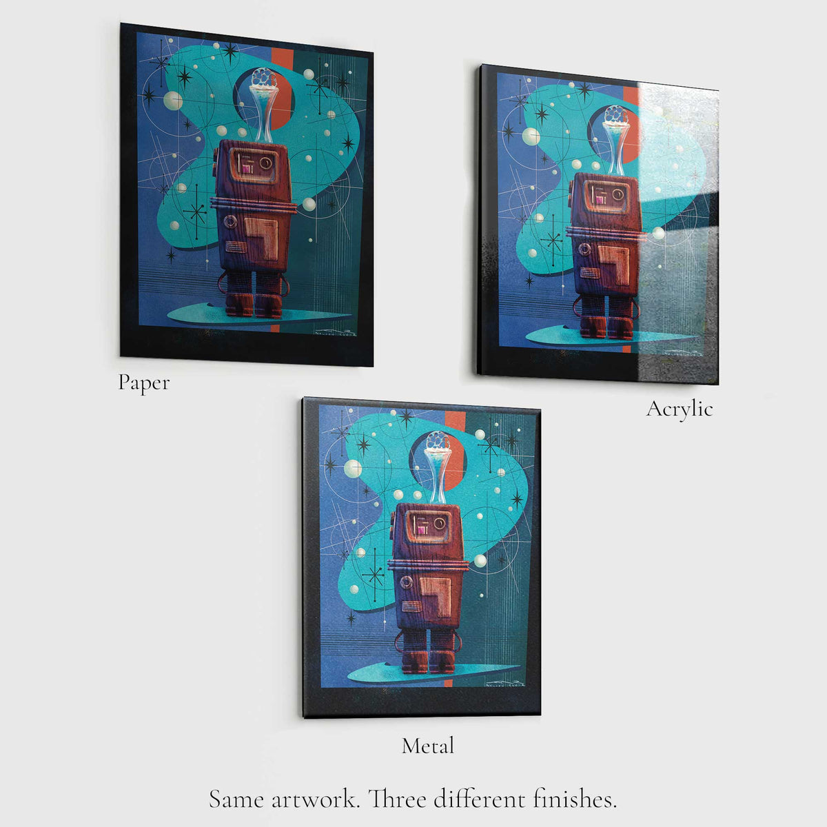 gonk droid star wars artwork shown on paper acrylic and metal prints comparing finish and display options