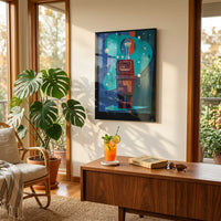 gonk droid star wars art print styled above a mid century modern console with record player vinyl and cocktail