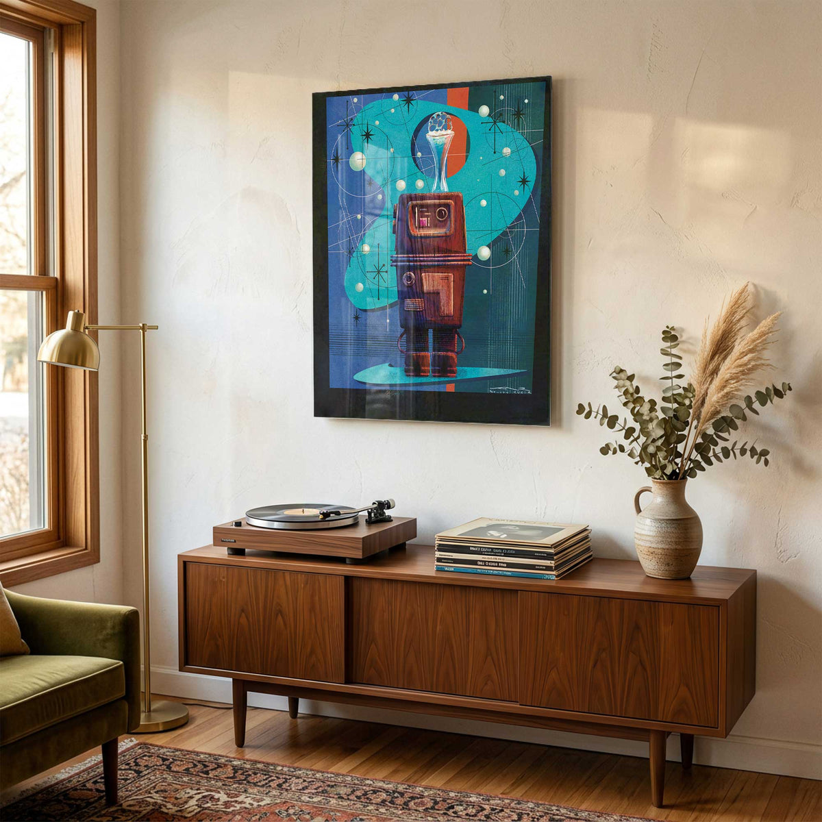 gonk droid star wars wall art displayed in a mid-century modern living room with wood furniture and warm natural light