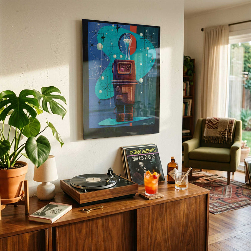 gonk droid star wars wall art displayed in a bright sunlit mid century modern interior with plants and warm natural light