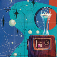 close up of gonk droid with tropical sci fi cocktail sitting on top in retro mid-century modern illustration style
