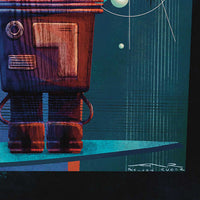 detailed view of gonk droid body showing wood texture geometric shapes and atomic age inspired star field background