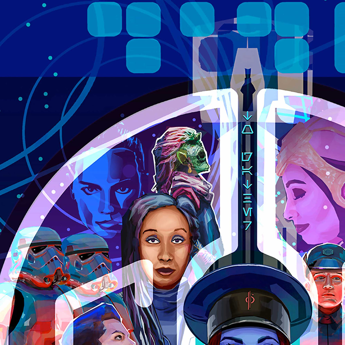 Close-up of Halcyon Eternal artwork featuring a vibrant sci-fi character collage, blue and turquoise starfield details, and layered geometric linework.