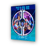 Halcyon Eternal convention-exclusive artwork shown as a glossy wall art print with a colorful space-inspired character collage and 2025 design.