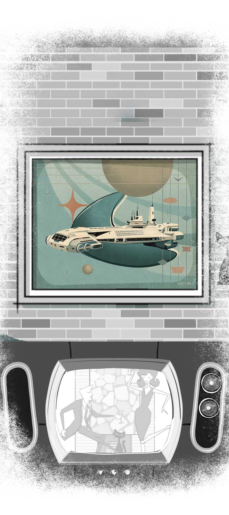 Mobile mid-century illustration featuring Beyond Tomorrow artwork for Halcy-Con 2026 pre-orders