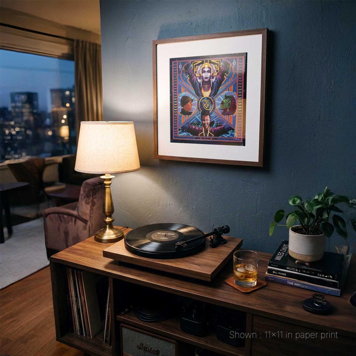 Framed Halcyon Starcruiser art print displayed in modern home interior with warm lighting