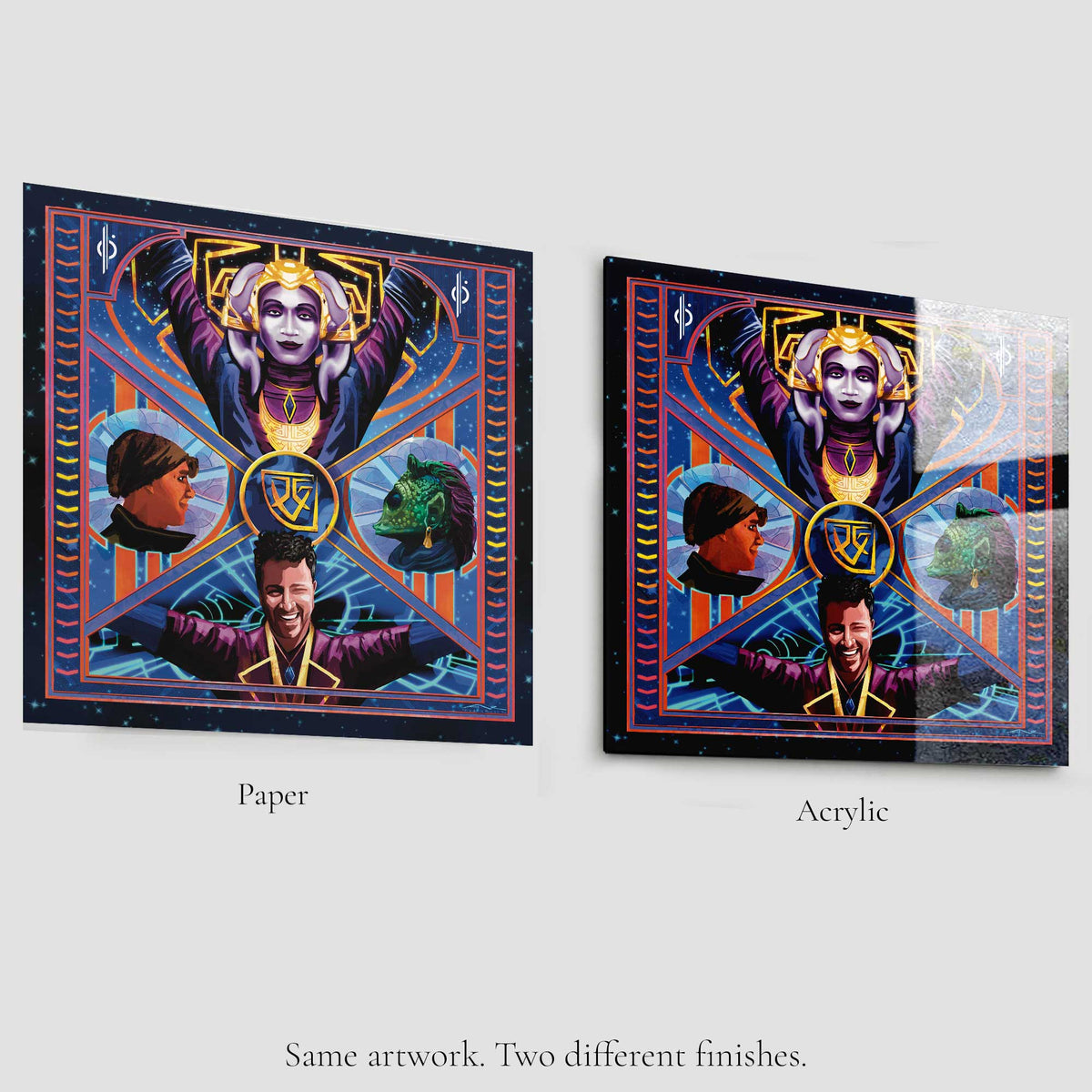 Halcyon Starcruiser art print shown in paper and acrylic finishes comparison